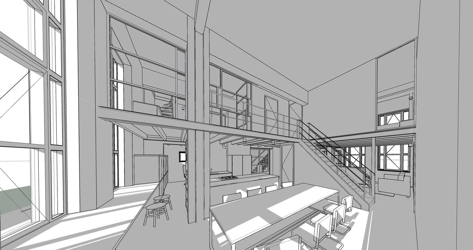 Loftwoning Woerden interieur woonkamer lijntekening Loftwoning Woerden interieur woonkamer lijntekening