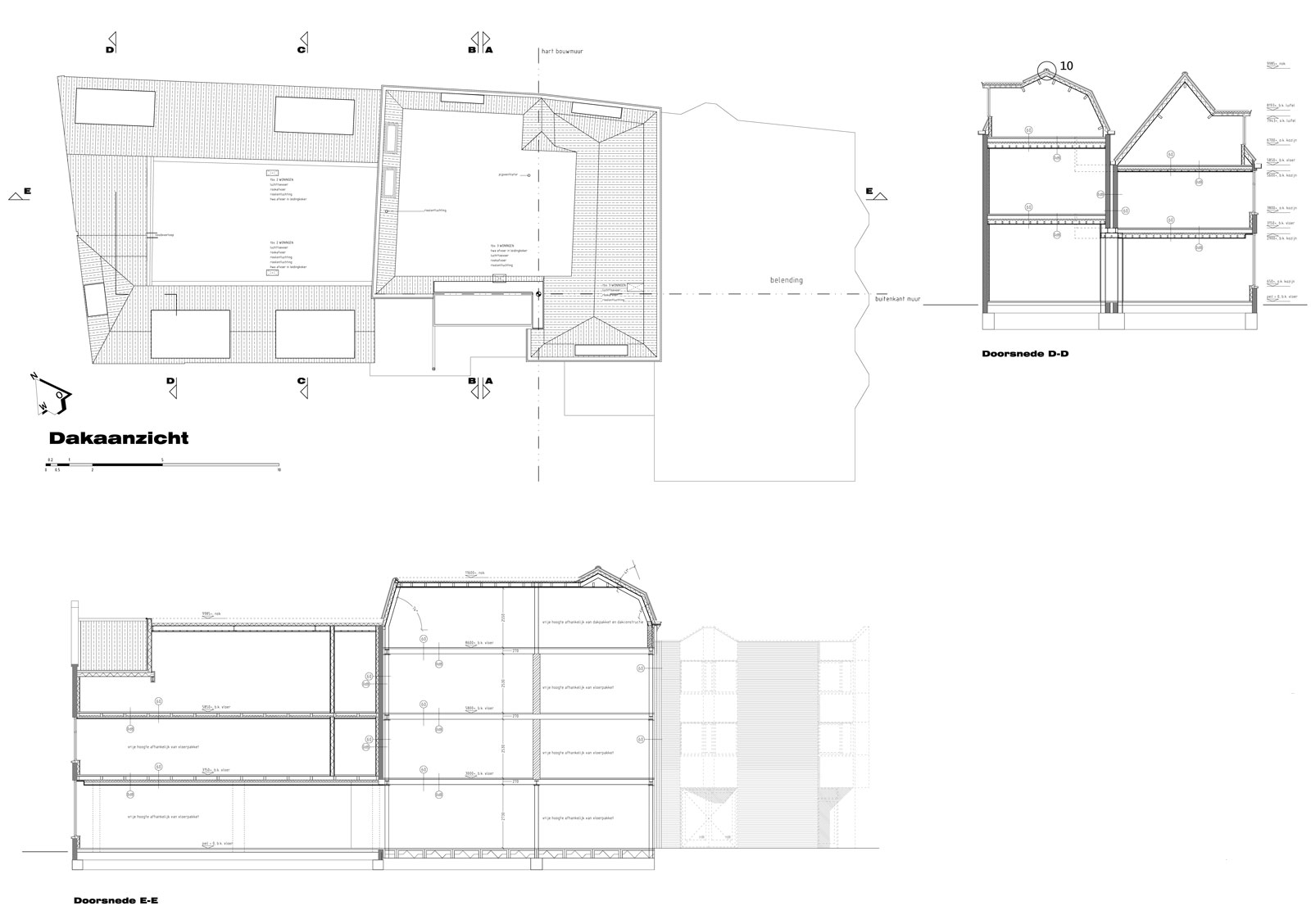 bouwtekening dakaanzicht en doorsneden - wonen boven winkels Peperstraat Purmerend bouwtekening dakaanzicht en doorsneden - wonen boven winkels Peperstraat Purmerend