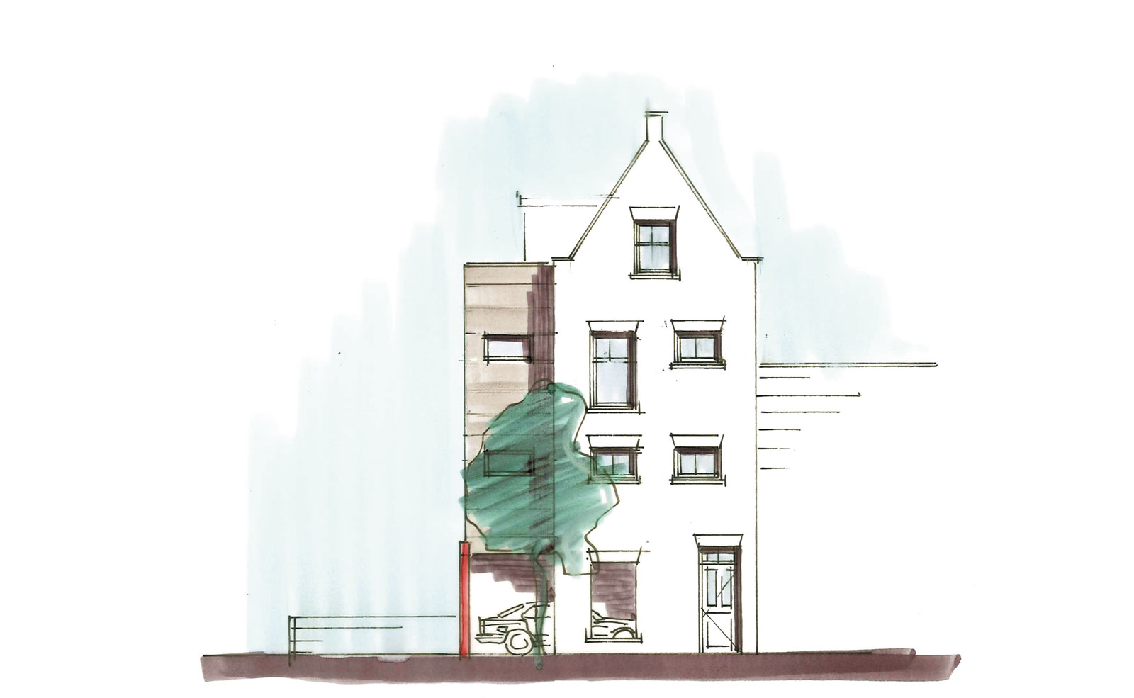 schets achtergevel - woning met praktijkruimte Ooievaarsteeg Schiedam schets achtergevel - woning met praktijkruimte Ooievaarsteeg Schiedam