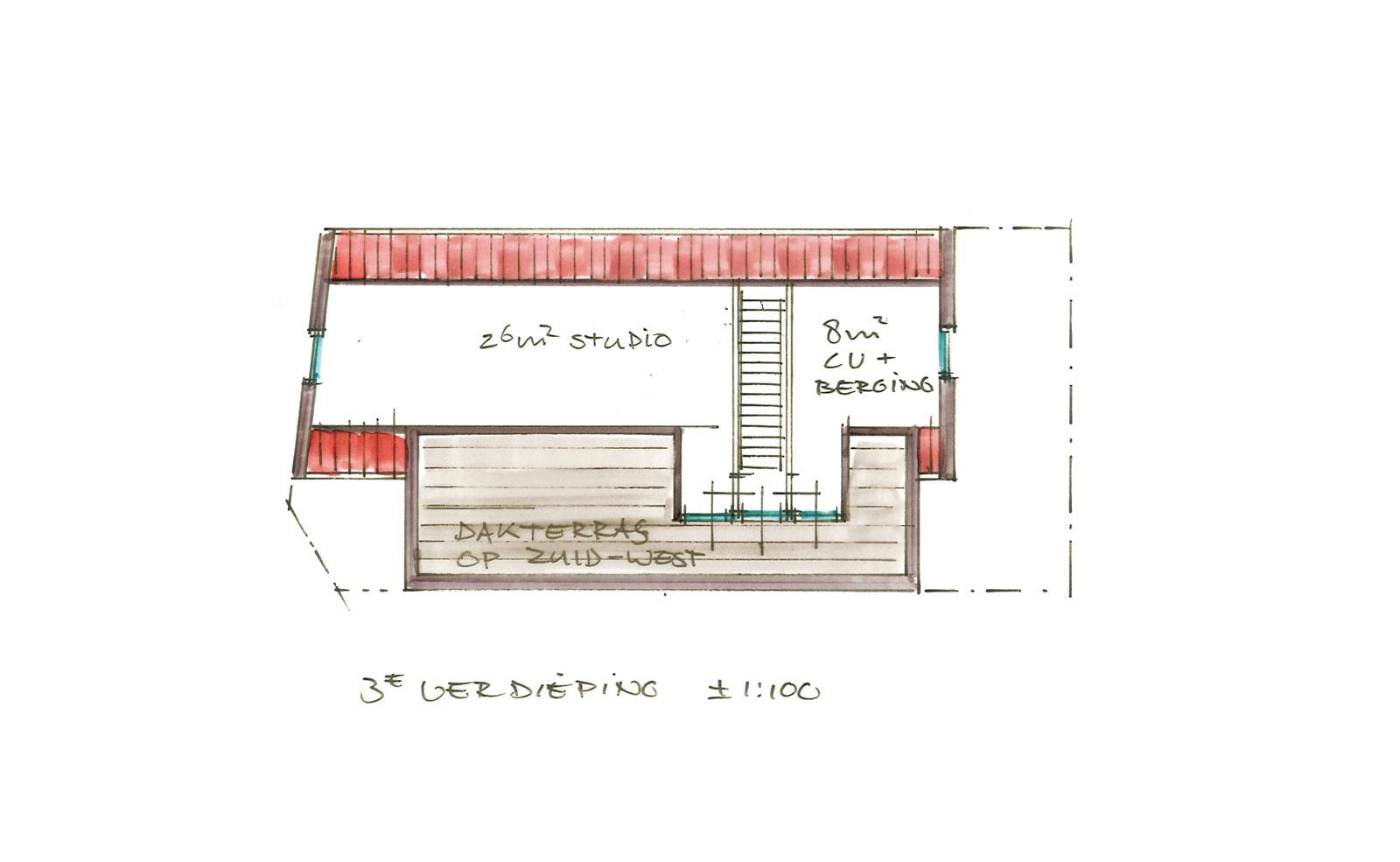 schets derde verdieping - woning met praktijkruimte Ooievaarsteeg Schiedam schets derde verdieping - woning met praktijkruimte Ooievaarsteeg Schiedam