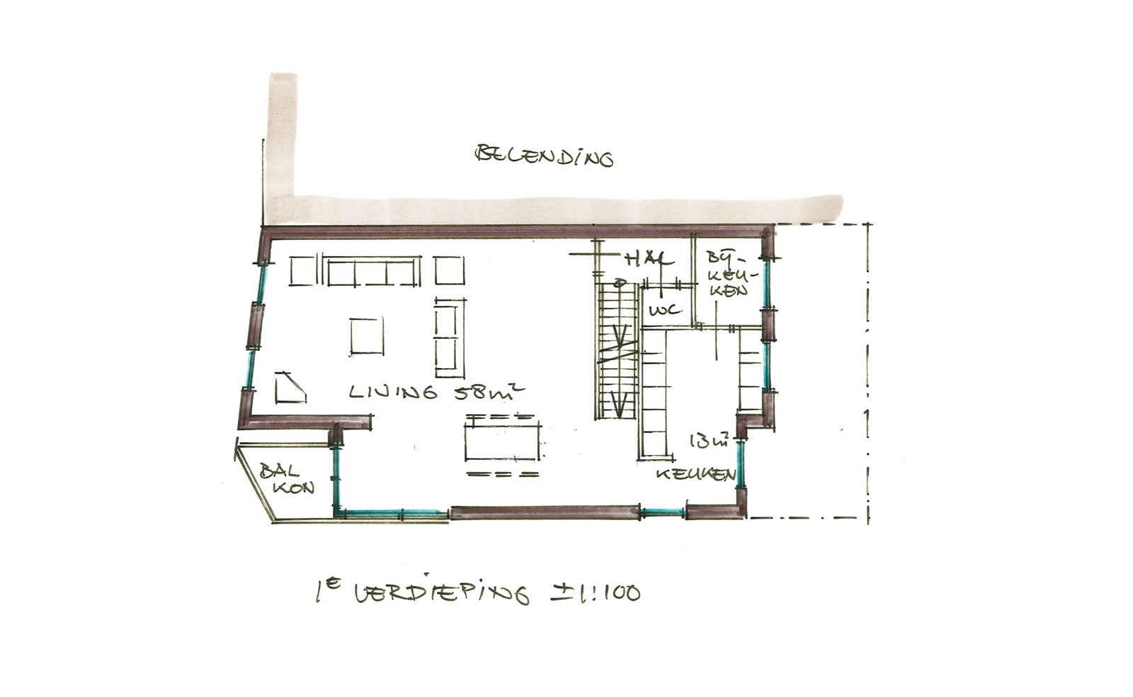 schets eerste verdieping - woning met praktijkruimte Ooievaarsteeg Schiedam schets eerste verdieping - woning met praktijkruimte Ooievaarsteeg Schiedam
