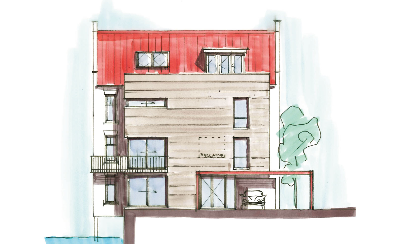 schets langsgevel - woning met praktijkruimte Ooievaarsteeg Schiedam schets langsgevel - woning met praktijkruimte Ooievaarsteeg Schiedam