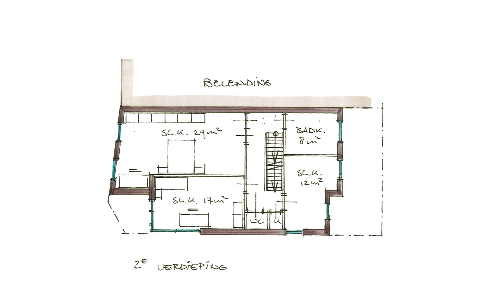 schets tweede verdieping - woning met praktijkruimte Ooievaarsteeg Schiedam schets tweede verdieping - woning met praktijkruimte Ooievaarsteeg Schiedam