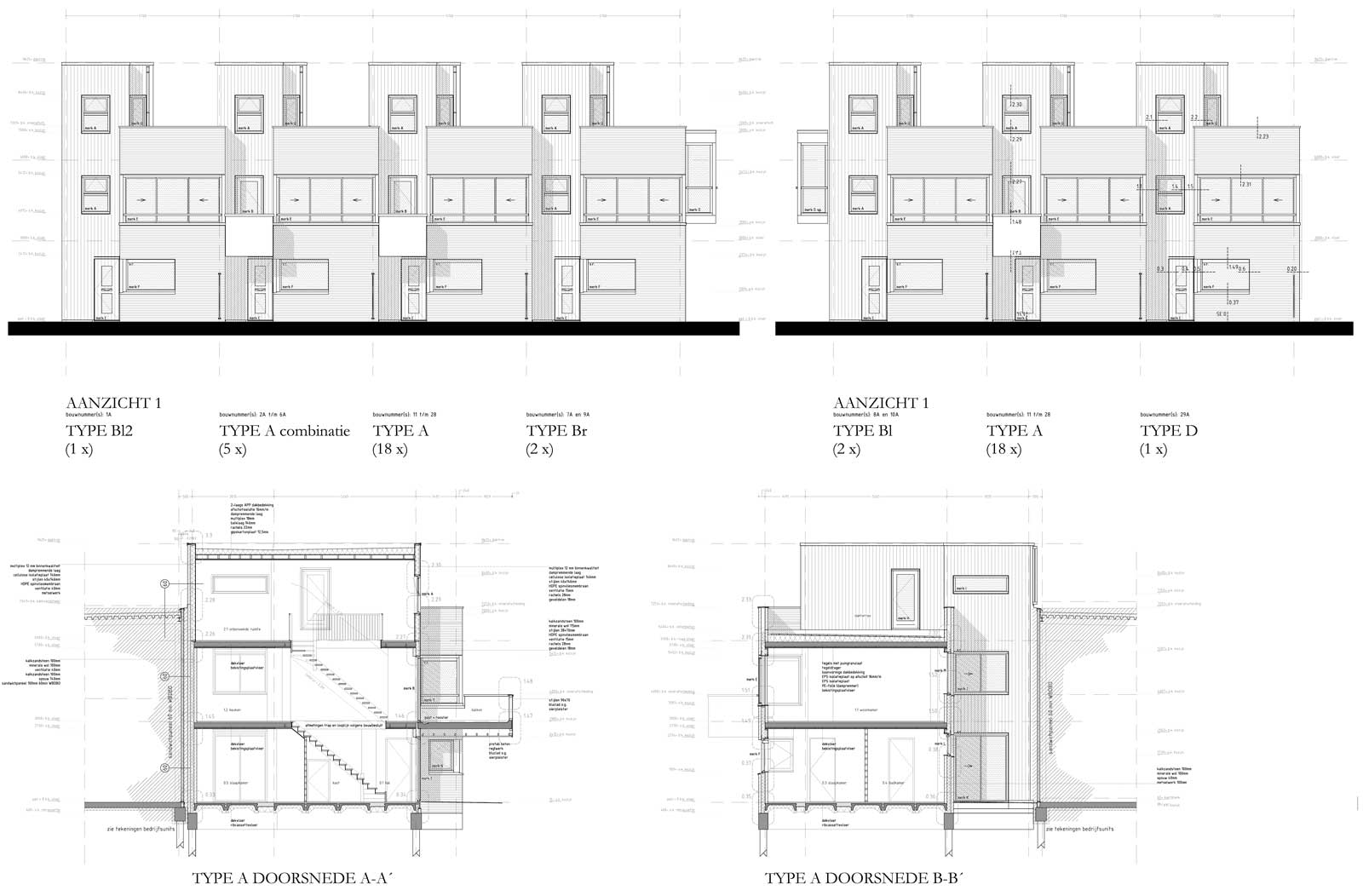 bouwtekening gevels en doorsneden - starterswoning Bracklaan Reeuwijk