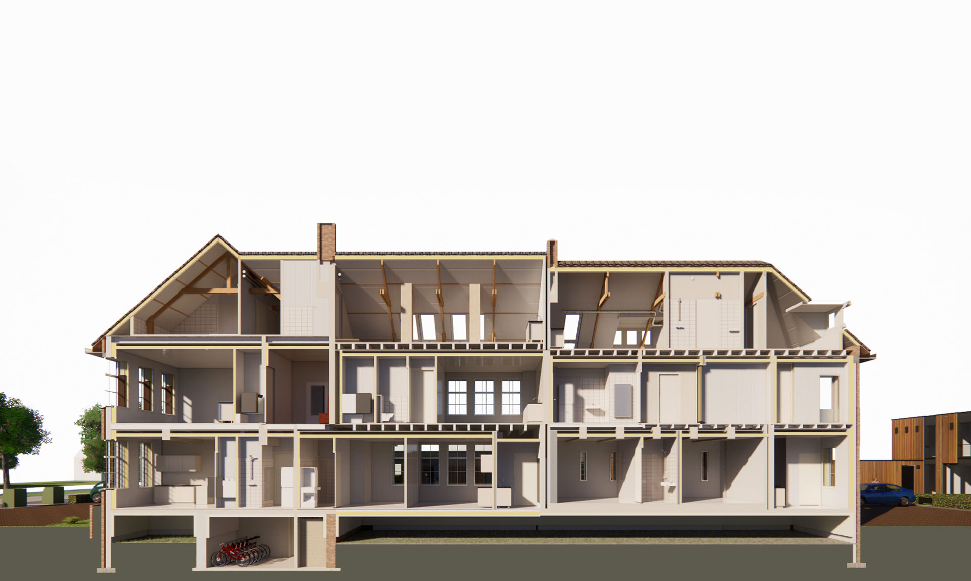 Nieuwe Pekela rijksmonument raadhuis transformatie impressie doorsnede Nieuwe Pekela rijksmonument raadhuis transformatie impressie doorsnede