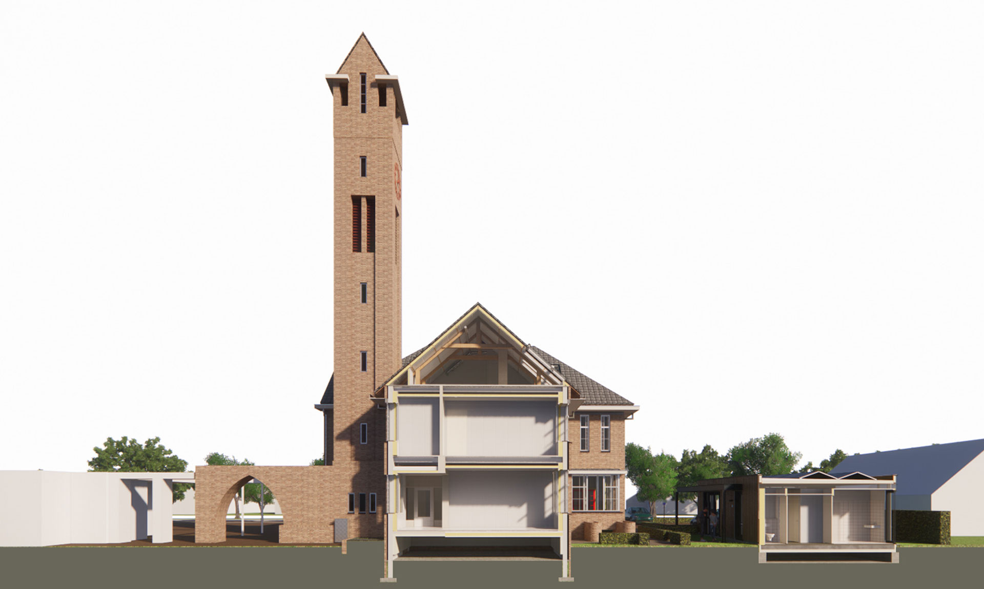 Nieuwe Pekela rijksmonument raadhuis transformatie impressie doorsnede Nieuwe Pekela rijksmonument raadhuis transformatie impressie doorsnede