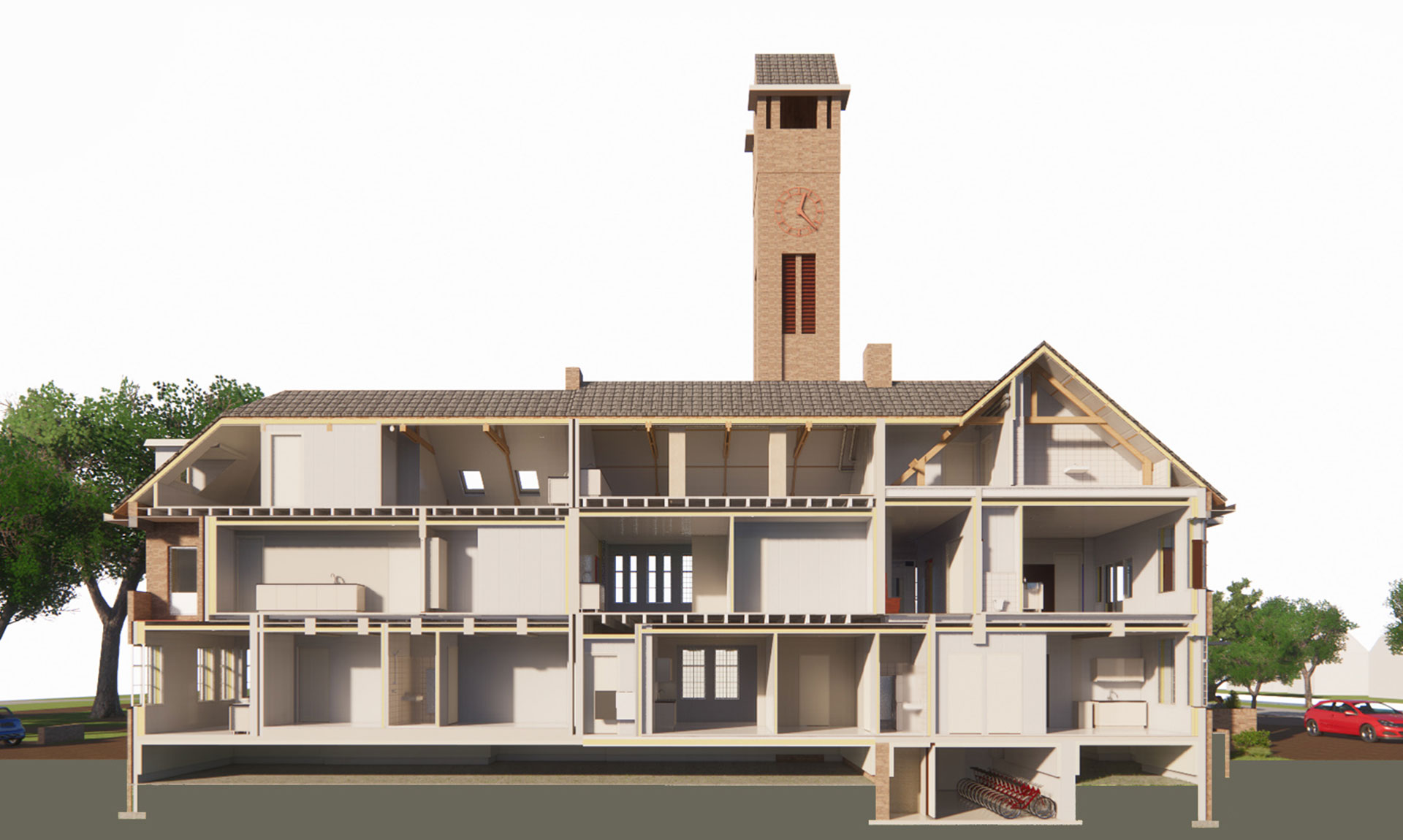 Nieuwe Pekela rijksmonument raadhuis transformatie impressie doorsnede Nieuwe Pekela rijksmonument raadhuis transformatie impressie doorsnede